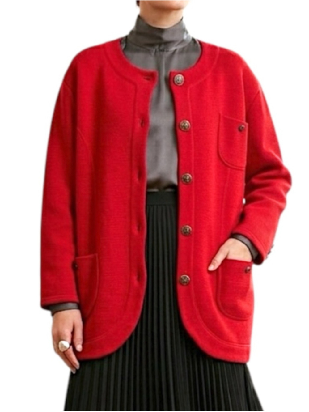 VTG 80s 90s French made wool blend boxy oversized red longline cardigan sweater - Picture 4 of 13